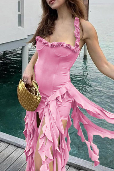 Hana® | Sexy solid color backless ruffles, irregular hem, halter neck, irregular dresses