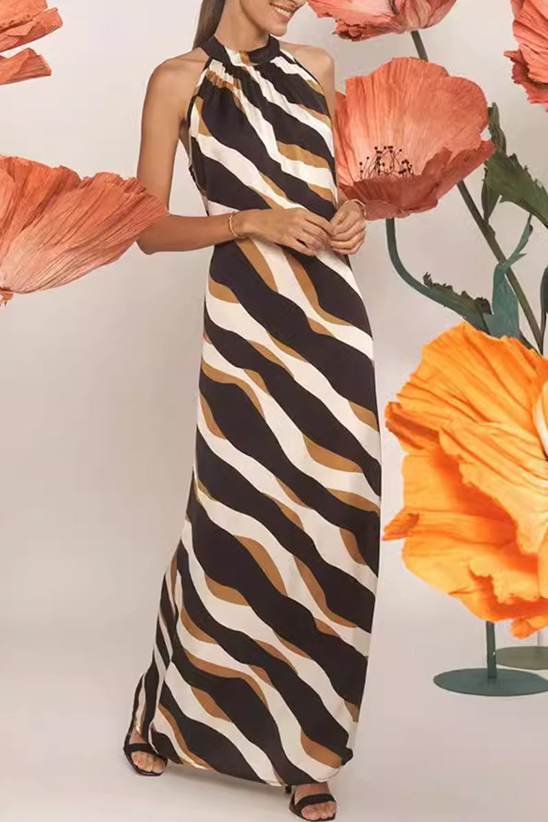 Aurora® | Casual daily striped print lace-up dresses with contrast halter neck and single tier skirt