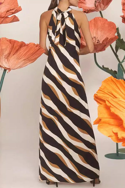 Aurora® | Casual daily striped print lace-up dresses with contrast halter neck and single tier skirt