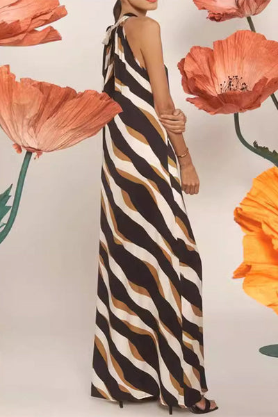 Aurora® | Casual daily striped print lace-up dresses with contrast halter neck and single tier skirt