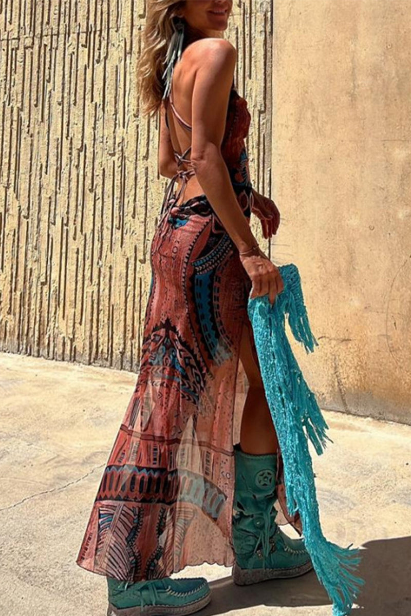 Valeria® | Sexy Sling Dresses Geometric Print Backless Slit Strap Design (3 Colors)