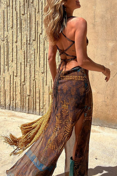 Valeria® | Sexy Sling Dresses Geometric Print Backless Slit Strap Design (3 Colors)