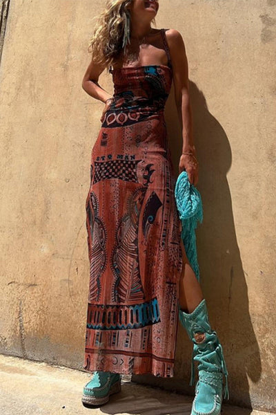 Valeria® | Sexy Sling Dresses Geometric Print Backless Slit Strap Design (3 Colors)