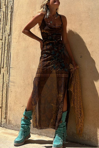 Valeria® | Sexy Sling Dresses Geometric Print Backless Slit Strap Design (3 Colors)