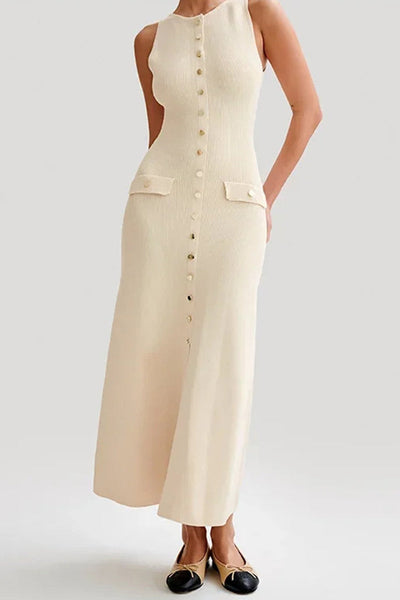 Lidia® | Casual daily solid color sleeveless dresses with buckle and O-neck