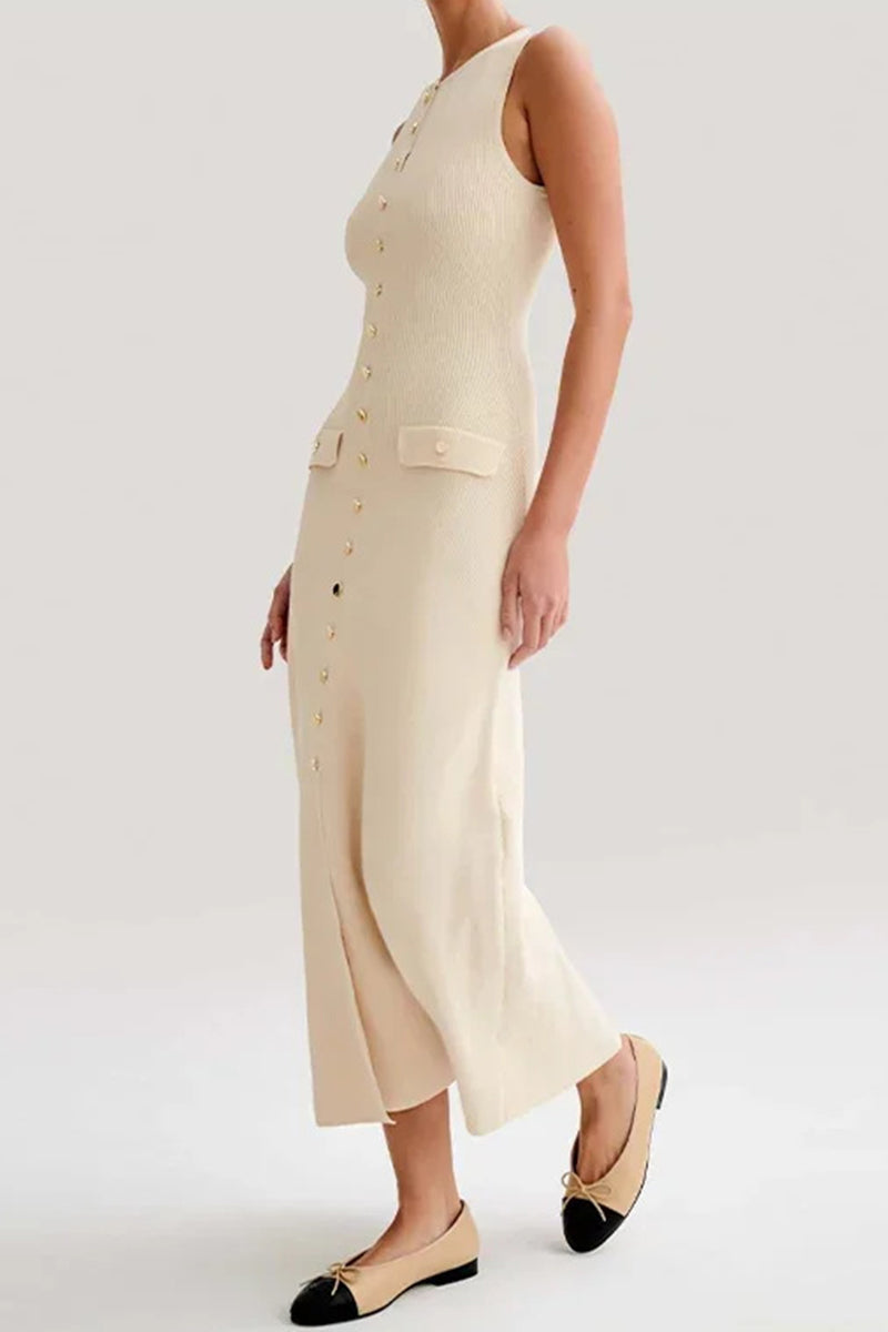 Lidia® | Casual daily solid color sleeveless dresses with buckle and O-neck