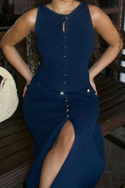 Lidia® | Casual daily solid color sleeveless dresses with buckle and O-neck