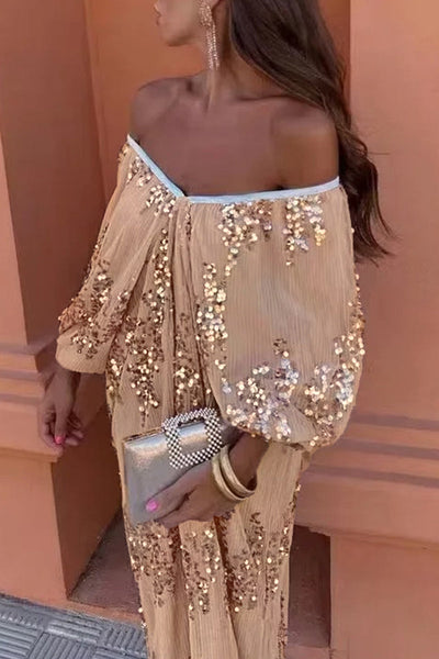 Eva® | Sexy celebrities solid color sequin dresses with V-neck and one-tier skirt