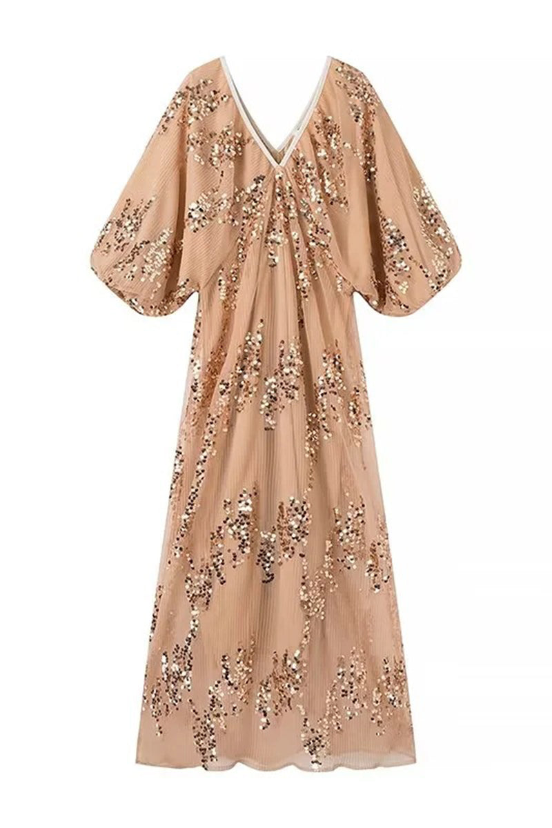 Eva® | Sexy celebrities solid color sequin dresses with V-neck and one-tier skirt