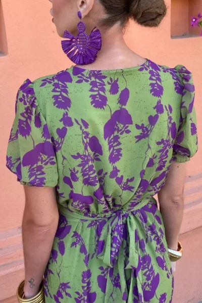 Oriana® | Sexy A-line dresses with floral print, lace-up and ruffled V-neck