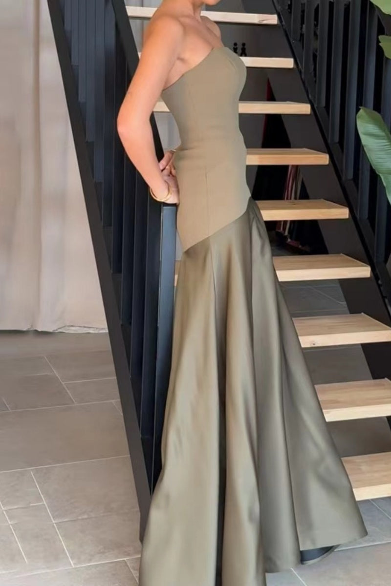 Gabriela® | Sexy formal backless contrast strapless long patchwork dresses