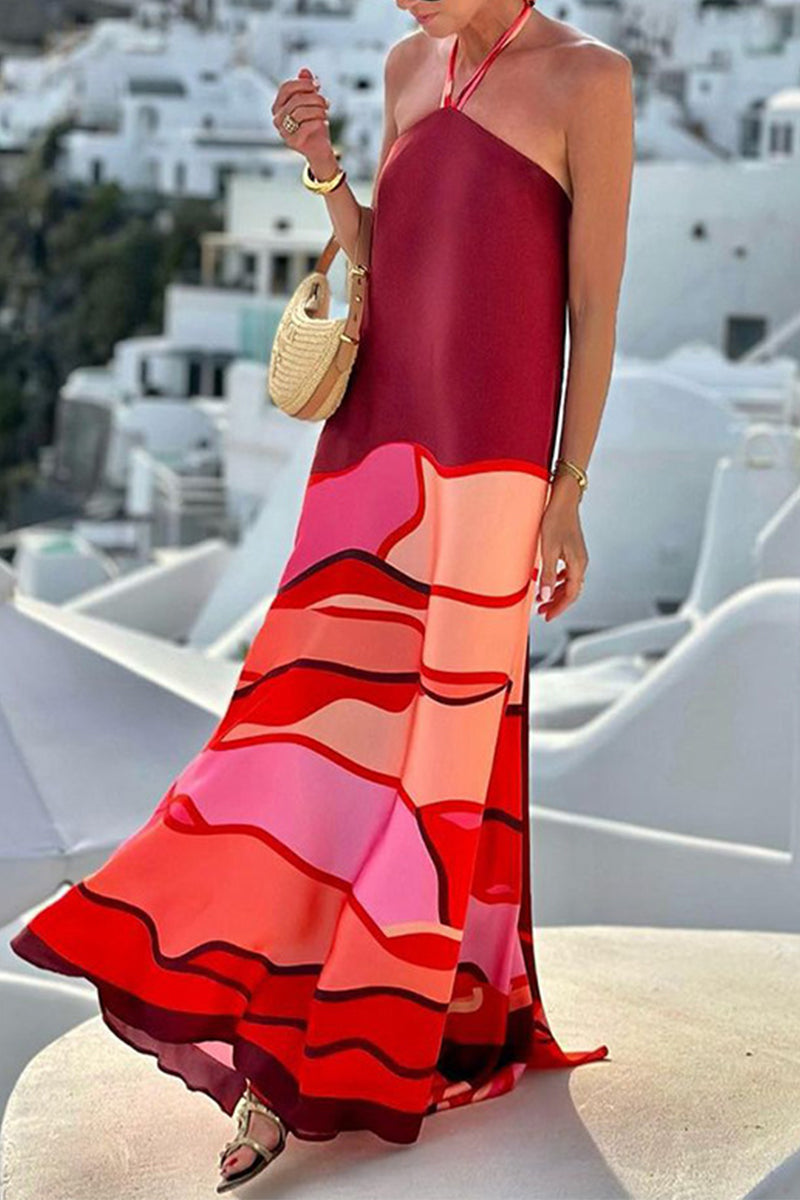 Sara® | Casual holiday dresses with geometric print and lace-up, backless, halter neck, sleeveless