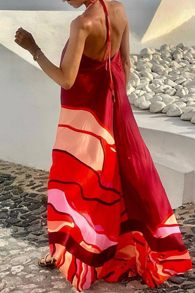 Sara® | Casual holiday dresses with geometric print and lace-up, backless, halter neck, sleeveless