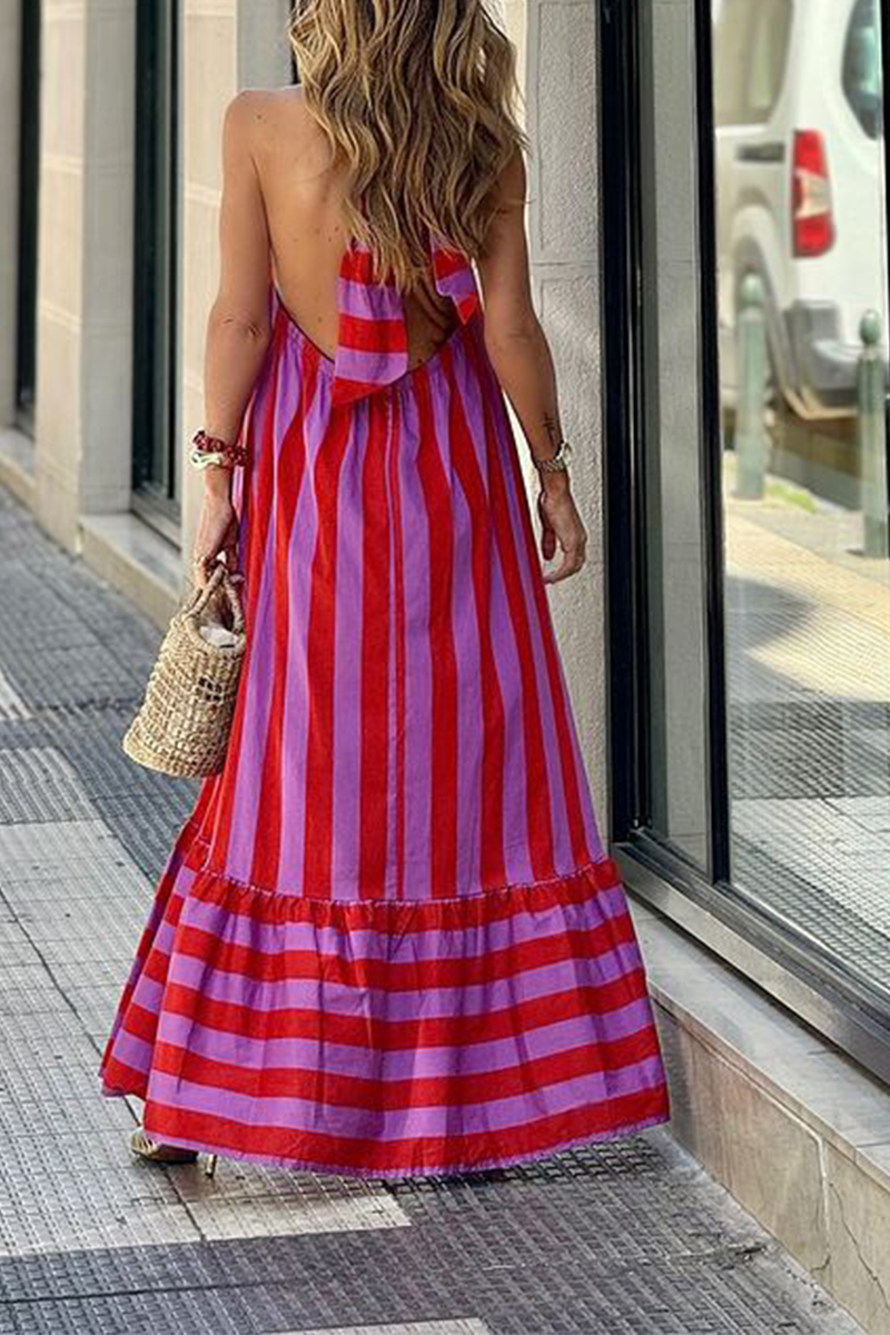 Barbara® | Casual striped print lace-up street style backless sleeveless dresses
