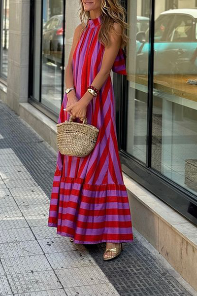 Barbara® | Casual striped print lace-up street style backless sleeveless dresses