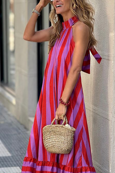 Barbara® | Casual striped print lace-up street style backless sleeveless dresses
