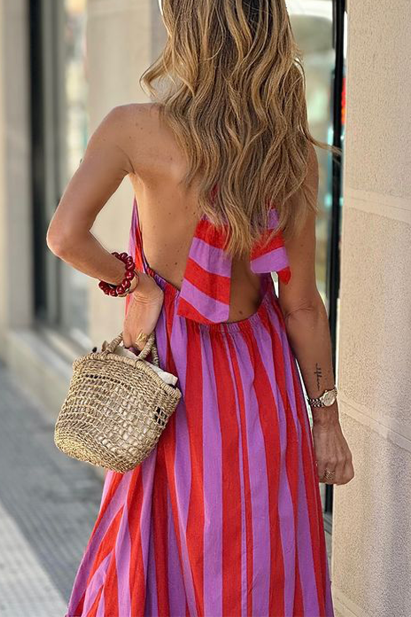 Barbara® | Casual striped print lace-up street style backless sleeveless dresses