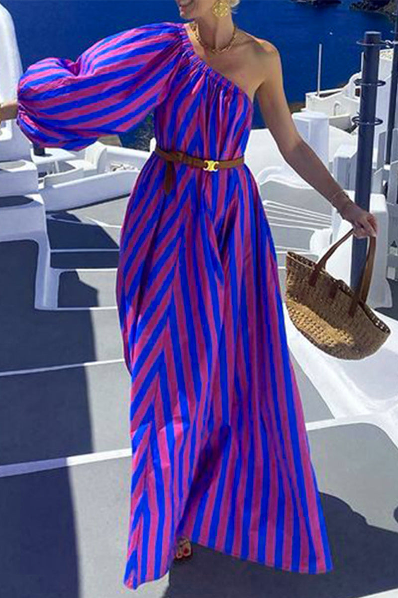 Vanessa® | Casual holiday stripe print with belt, slant collar, irregular dresses