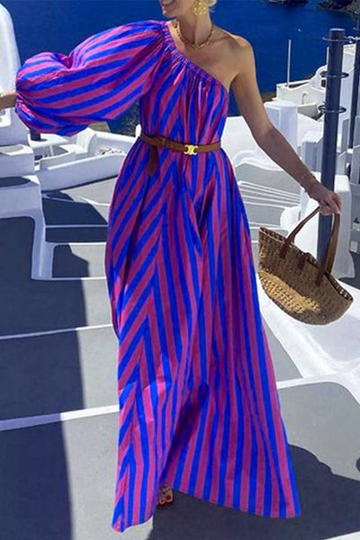 Vanessa® | Casual holiday stripe print with belt, slant collar, irregular dresses