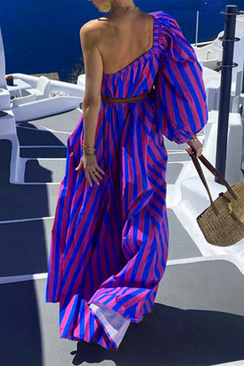 Vanessa® | Casual holiday stripe print with belt, slant collar, irregular dresses