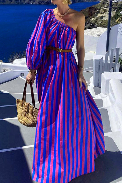 Vanessa® | Casual holiday stripe print with belt, slant collar, irregular dresses