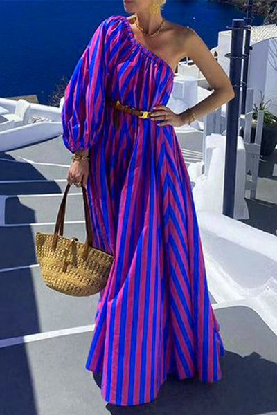 Vanessa® | Casual holiday stripe print with belt, slant collar, irregular dresses