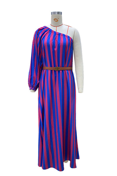 Vanessa® | Casual holiday stripe print with belt, slant collar, irregular dresses