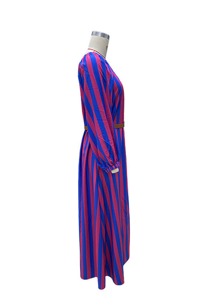 Vanessa® | Casual holiday stripe print with belt, slant collar, irregular dresses