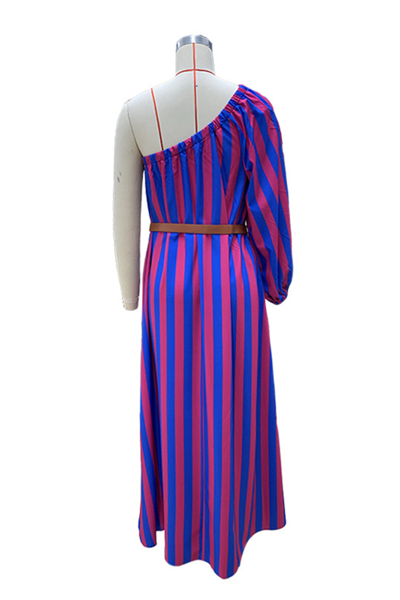 Vanessa® | Casual holiday stripe print with belt, slant collar, irregular dresses