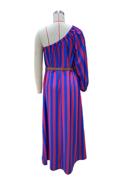 Vanessa® | Casual holiday stripe print with belt, slant collar, irregular dresses