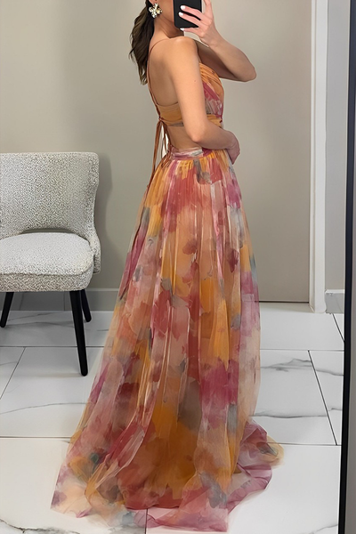 Paloma® | Sexy backless contrast long dresses with gradient print and V-neck