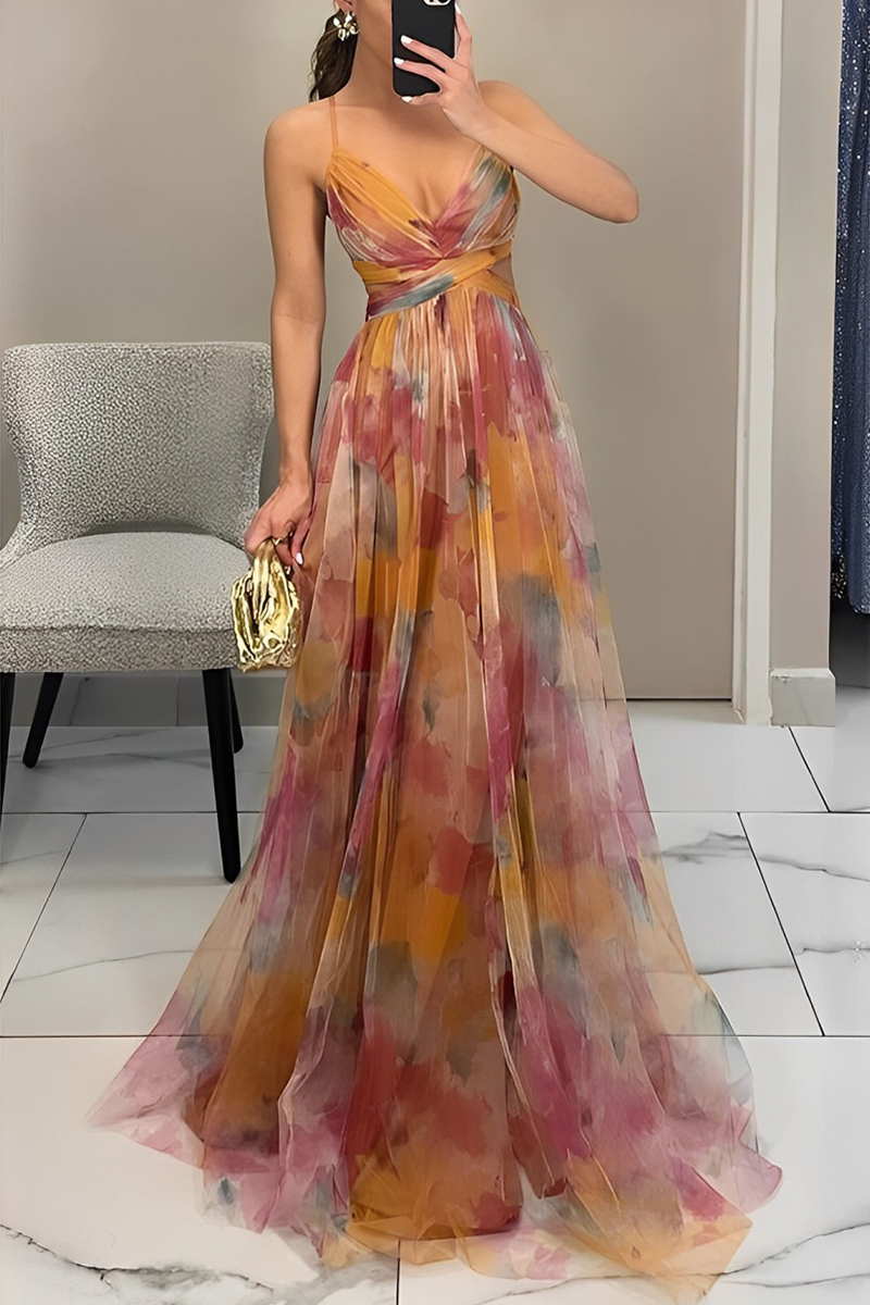 Paloma® | Sexy backless contrast long dresses with gradient print and V-neck