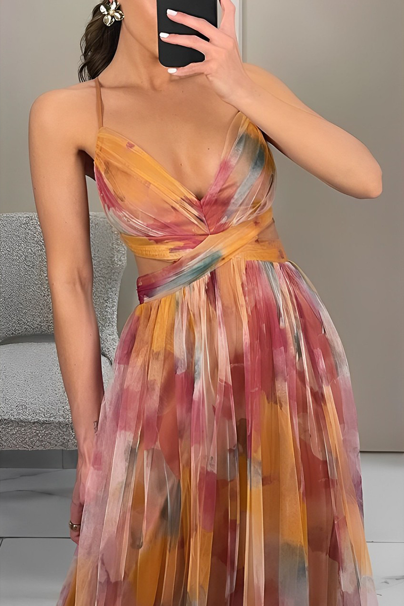 Paloma® | Sexy backless contrast long dresses with gradient print and V-neck