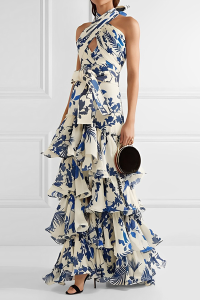 Edith® | Elegant asymmetrical irregular halterneck dresses with floral flounce