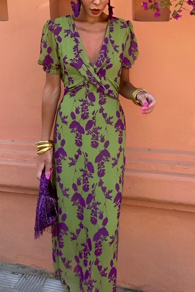 Oriana® | Sexy A-line dresses with floral print, lace-up and ruffled V-neck