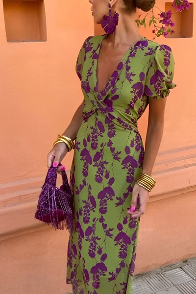 Oriana® | Sexy A-line dresses with floral print, lace-up and ruffled V-neck