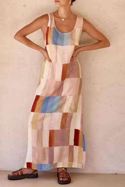 Natalia® | Casual Plaid Scoop Neck Cardigan Sleeveless Dresses