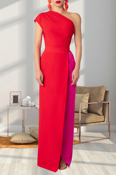 Ana® | Solid color backless long dresses with patchwork contrast and slanted collar and high slit