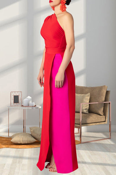 Ana® | Solid color backless long dresses with patchwork contrast and slanted collar and high slit