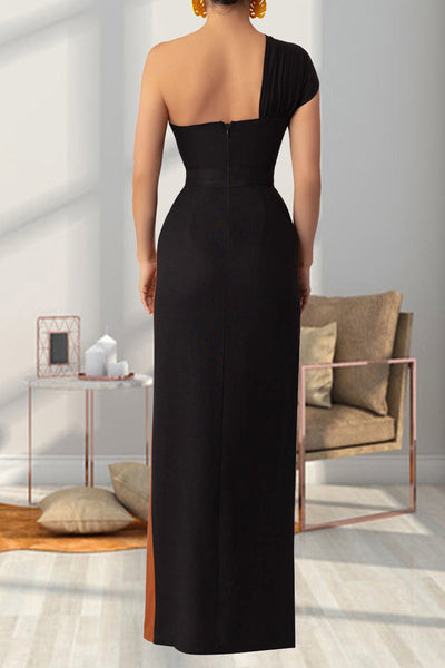 Ana® | Solid color backless long dresses with patchwork contrast and slanted collar and high slit