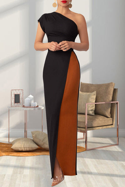Ana® | Solid color backless long dresses with patchwork contrast and slanted collar and high slit