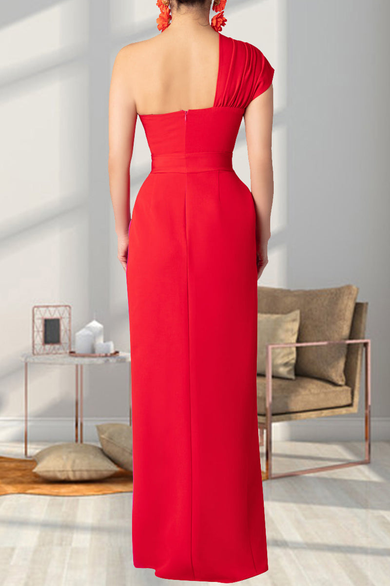 Ana® | Solid color backless long dresses with patchwork contrast and slanted collar and high slit