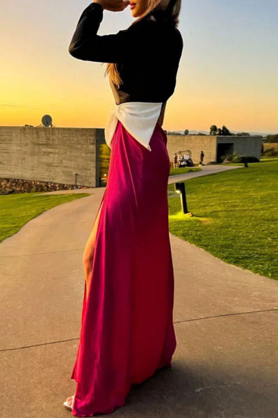 Fabiola® | Sexy patchwork hollow slit bow decor, slanted collar, long dresses