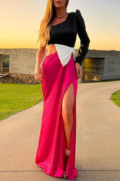 Fabiola® | Sexy patchwork hollow slit bow decor, slanted collar, long dresses