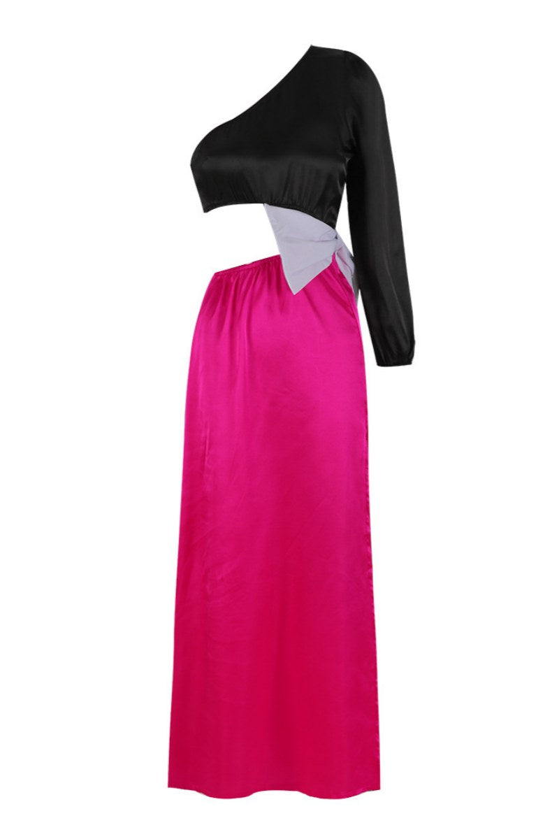 Fabiola® | Sexy patchwork hollow slit bow decor, slanted collar, long dresses