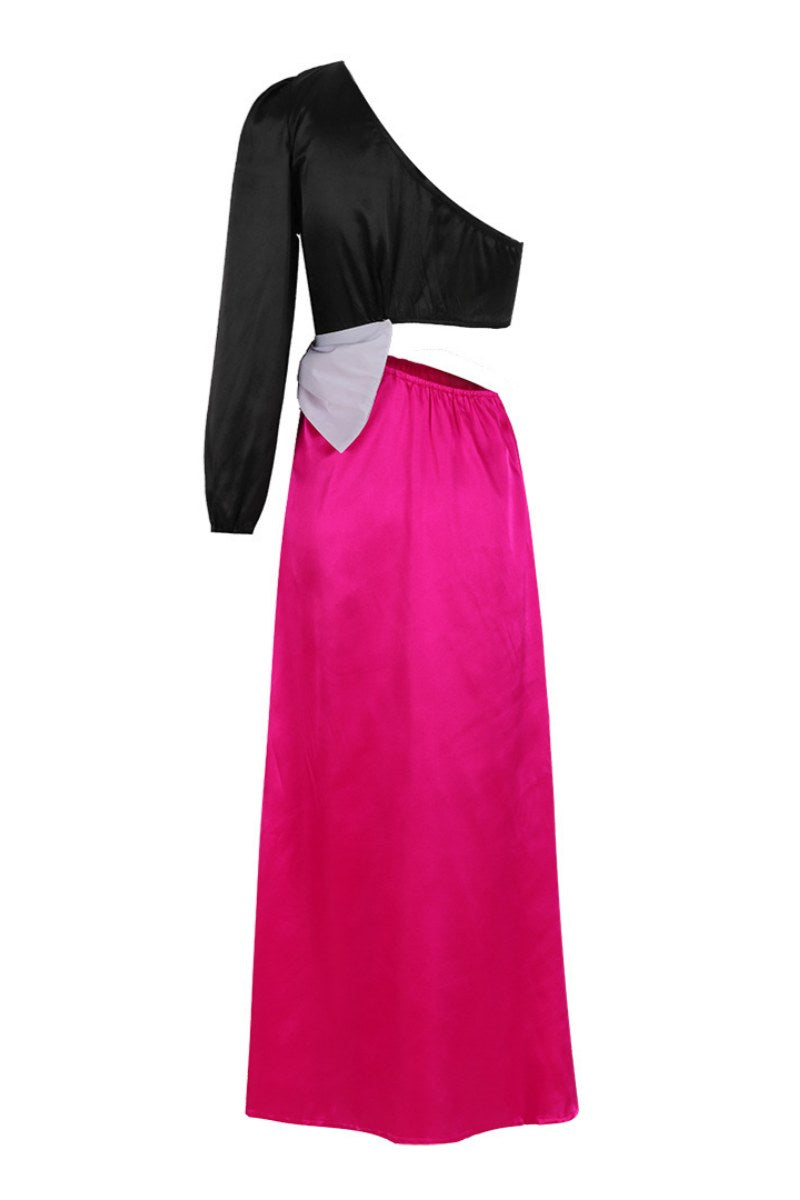 Fabiola® | Sexy patchwork hollow slit bow decor, slanted collar, long dresses