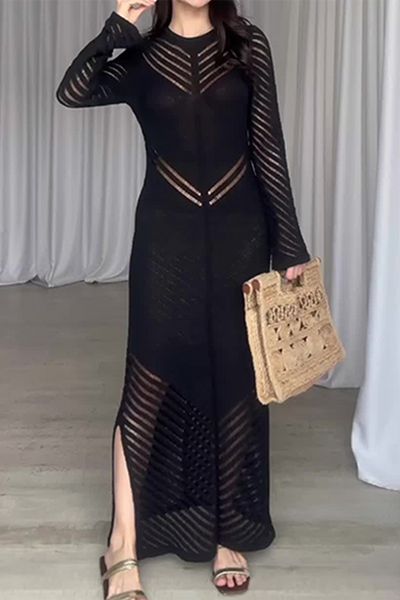 Yesica® | Casual Daily Solid Color Hollow Out Threaded Selvedge O-Neck Wrap Skirt Dresses