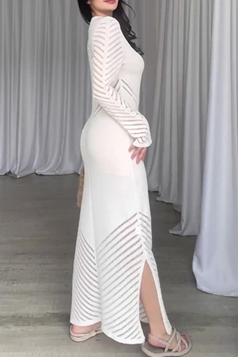 Yesica® | Casual Daily Solid Color Hollow Out Threaded Selvedge O-Neck Wrap Skirt Dresses