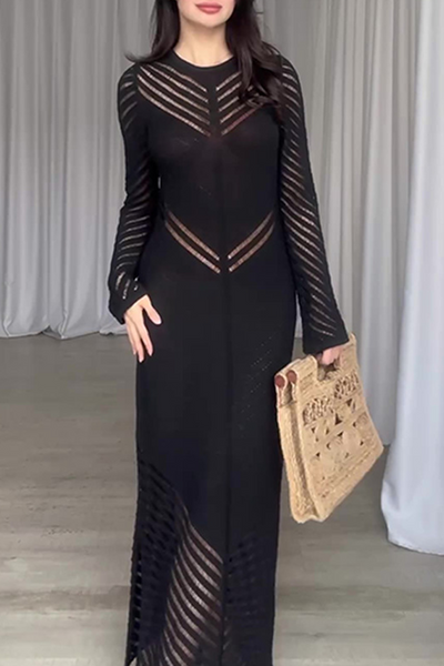 Yesica® | Casual Daily Solid Color Hollow Out Threaded Selvedge O-Neck Wrap Skirt Dresses