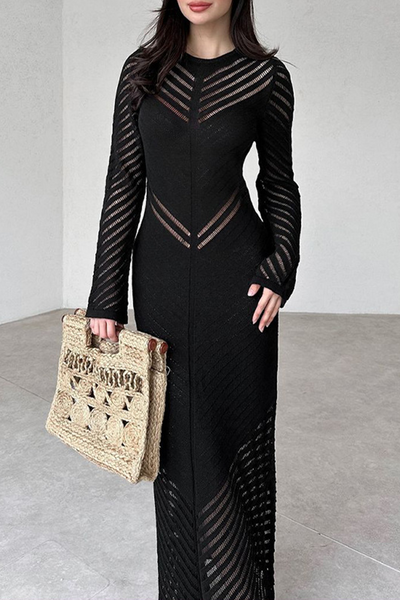 Yesica® | Casual Daily Solid Color Hollow Out Threaded Selvedge O-Neck Wrap Skirt Dresses